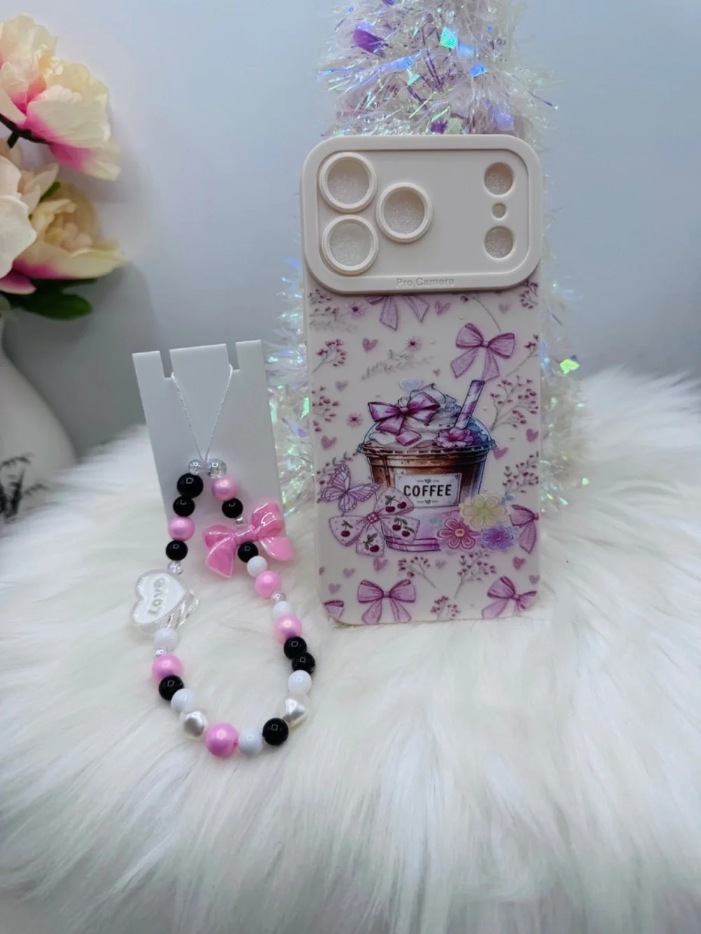 Cute Pink Bow Coffee iPhone 17 Pro Max Case + Beaded Charm – Girly Aesthetic